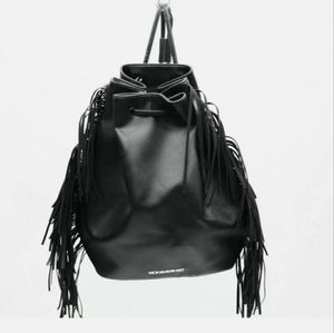 Victoria Secret Black Faux Leather Fringe Backpack
